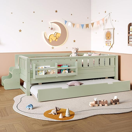 Bellemave Twin Bed with Trundle Twin and Stairs, Twin Size Platform Bed Frame with Fence and Bookshelf, Easy Assemble Beds for Kids, Girls, Boys, Green