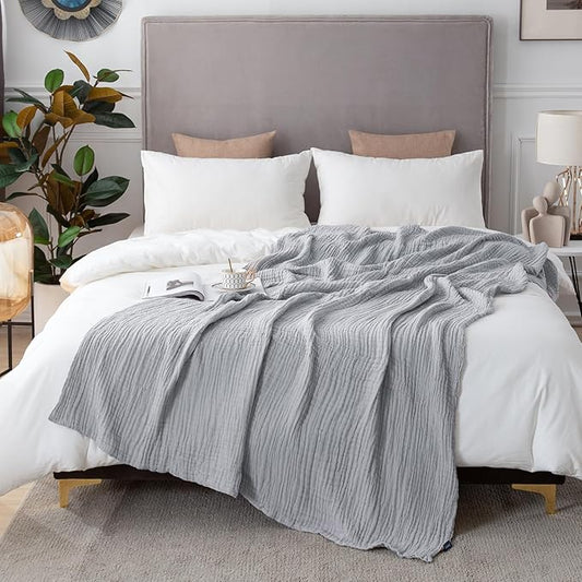 EMME Cotton Muslin Blanket King Size - Soft, Breathable Layering Blanket, 108"x90", Lightweight Gauze, All Season, Light Grey