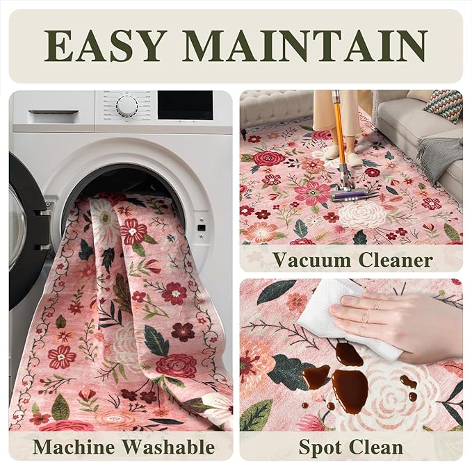 6x9 Washable Area Rug for Living Room, Floral Non-Slip Non-Shedding & Easy Care, Soft Low Pile Vintage Indoor Floor Carpet for Living Room, Bedroom, Farmhouse, Dining Room, Kids Playroom, Pink
