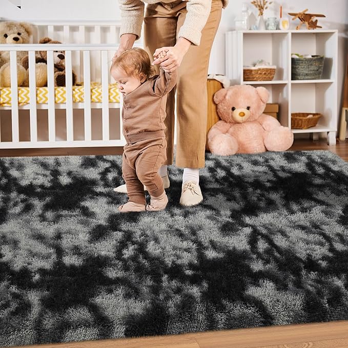 Merelax Soft Area Rugs for Livingroom Bedroom, Shaggy Plush Fuzzy Fluffy Carpet Furry Fur Rug, Modern Indoor Comfy Nursery Kids Dorm Home Decor Floor Mat, 4 x 6 ft, Tie-Dyed Black & Grey