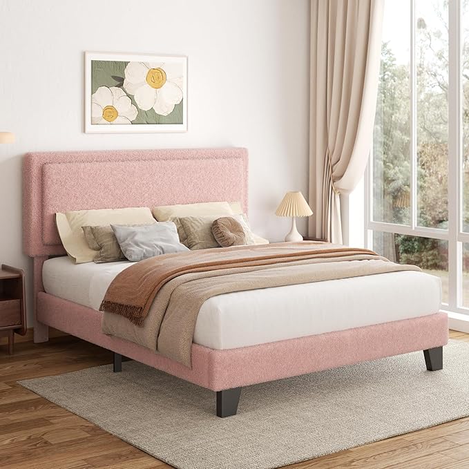 Full Size Boucle Bed Frame, Upholstered Platform Cloud Bed Frame with Headboard, Soft Teddy Fabric, Modern Style, No Box Spring Required, Easy Assembly, Pink