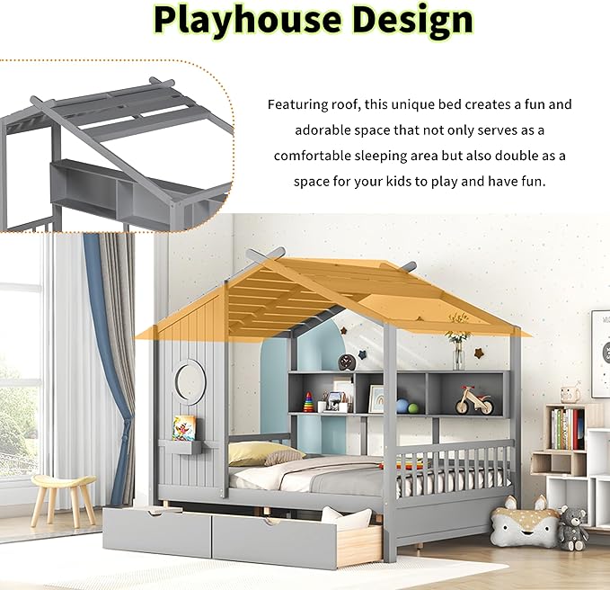 Linique Wooden Full Size House Bed with 2 Drawers and Storage Shelf,Full Platform Bed Frame with Pitched Roof,Gray