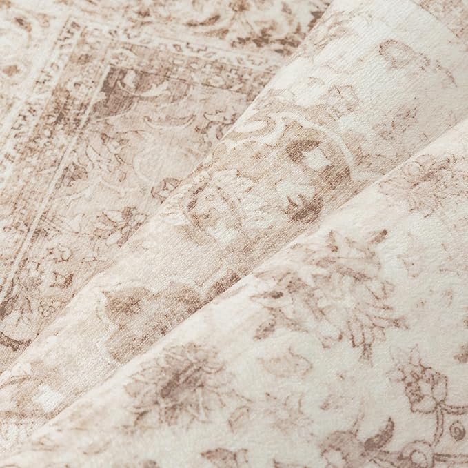 3x5 Beige Washable Vintage Area Rug for Living Room Bedroom Soft Tranditional Non Slip Throw Rug Lightweight Floral Low Pile Distressed Carpet Entrance Laundry Room Office