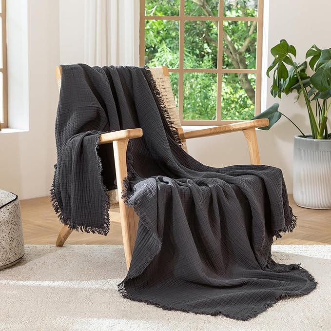 MooMee Muslin Blanket - 100% Cotton 4-Layer Gauze Throw Blanket with Tassels Ultra-Soft Breathable Lightweight Cooling for Bed Couch (Dark Grey,Oversized Queen 98" x 98")