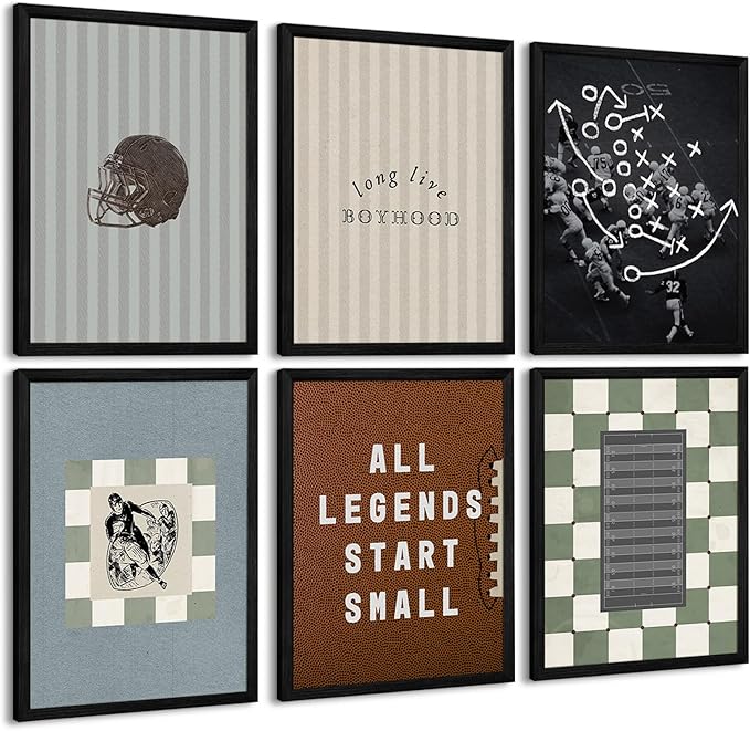 Vintage Football Nursery Wall Art Boys Room Sports Canvas Wall Decor Vintage Football Pictures Prints Boy Sports Posters Nursery Artwork Painting for Kids Toddler Bedroom 12x16 Inch Framed Set of 6
