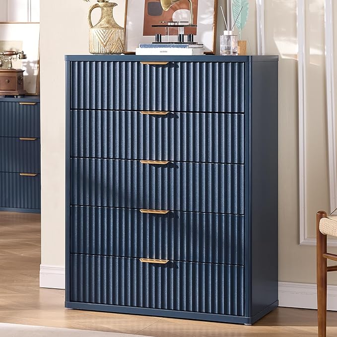 LEYAOYAO Fluted 5 Drawers Dresser Set of 2, 41" Tall Modern Chest of Drawers with Metal Handle, Curved Profile Dresser TV Stand, Wooden Drawer Organizer for Bedroom, Living Room, Hallway, Navy Blue