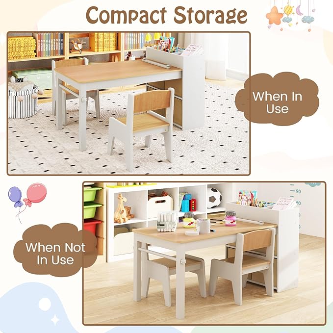 Costzon Kids Table and Chairs, 3 in 1 Wooden Art Drawing Table with 2 Chairs, 4 Fabric Bins, Multiple Open Storage Compartments & a Paper Roll, Toddler Table and Chair Set (Natural)
