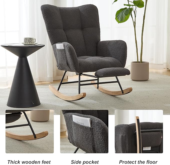 Nursery Rocking Chair Teddy Upholstered Reading Glider Rocker with Footrest Accent Chair with High Backrest Armchair Comfy Side Pocket Chair for Living Room, Bedroom, Offices (Large Grey)