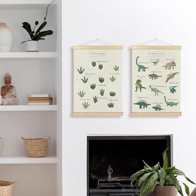 BCUANGD Dinosaur Dino Wall Decor Set of 2 - Baby Toddler Boys Room Wall Art Poster Hanger with Wood Frames, Inspirational Wall Hanging Canvas Decor for Kids Room Playroom Nursery Bedroom, 12x16 Inches