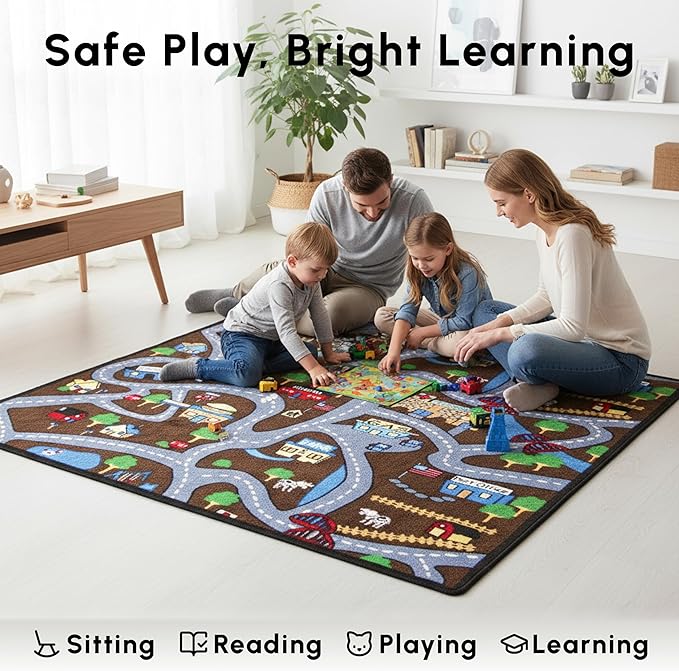 SAFECASTLE Kids Carpet Country Roads Rug 4'4" x 5'6" Educational Road & Street Play Mat with Buildings and Landmarks Learning & Activity Rug for Kids, Toddlers, Nursery, Classroom, Playroom & Daycare