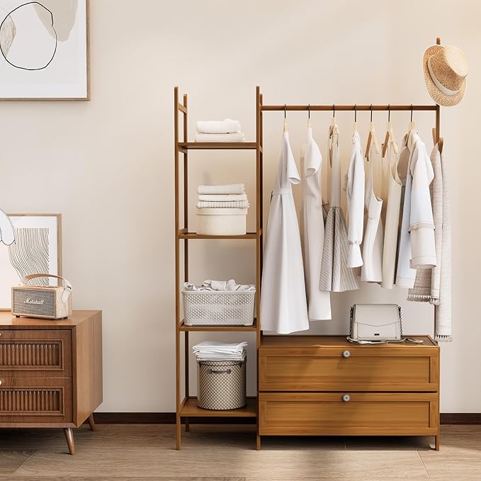 Garment Rack with Drawers,Cute Clothing Rack,Bamboo Clothes Rack,Clothes Rack Hanging,Solid Thickened Clothes Racks with Shelves (39.4inch Width Tawny)