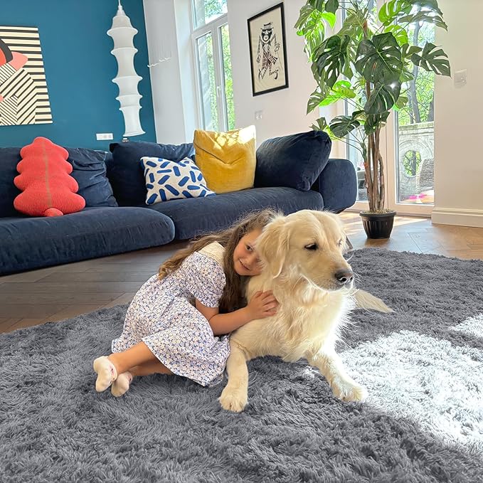 OLANLY 3x5 Machine Washable Small Bedside Rug, Soft Fluffy Shaggy Rugs for Living Room, Bedroom, Indoor Floor Carpet for Kids Girls and Boys, Preppy Dorms, Nursery, Home Decor Aesthetic, Light Grey