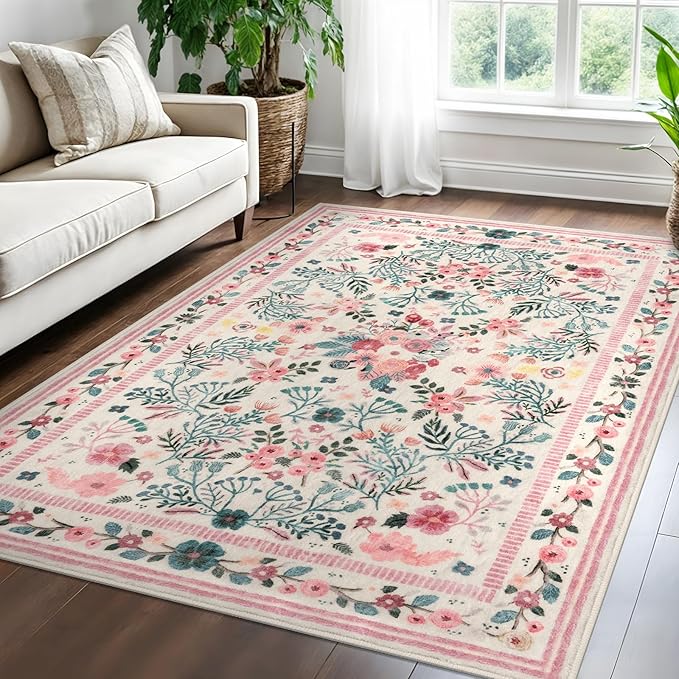 Rugs for Living Room 5x7, Pink Boho Thin Washable Non-Slip Area Rugs for Bedroom Girls, Soft Floral Low-Pile Nursery Carpet for Dining Room Kids Room Playroom Indoor, Pink/Multi