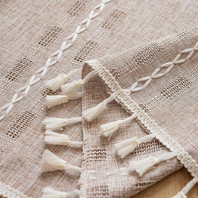 Deeprove Boho Valance Kitchen Short Curtain with Tassel, Textured Striped Drape Tier Embroidered Shabby Chic Linen Coffee Window Treatment for Cafe Closet, W52 x L18 inch Rod Pocket 1 Panel Natural