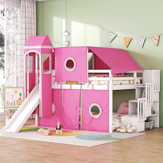 Playhouse Full Size Low Loft Bed with Slide & Tent and Tower, Solid Wood Tent Bed Frame with Storage Staircase for Kids Teens Boys Girls, Versatile Spacious Under Bed Space with Curtains (Pink-TXF)