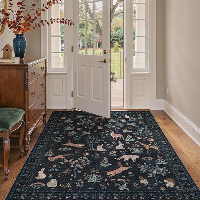 Rugs for Living Room 5x7 Floral Animal Print Area Rug Machine Washable Rug, Non Slip Low Pile Black Carpet for Bedroom, Entryway, Black