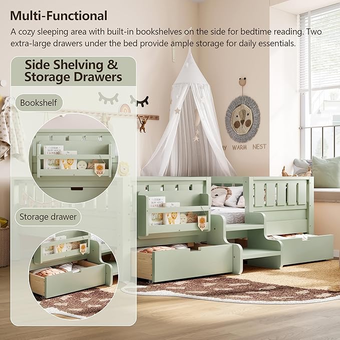 Bellemave Full Size Bed with Slats and Stairs, Full Size Platform Bed Frame with Fence, Bookshelf and Storage Drawers, Easy Assemble Beds for Kids, Girls, Boys, Green