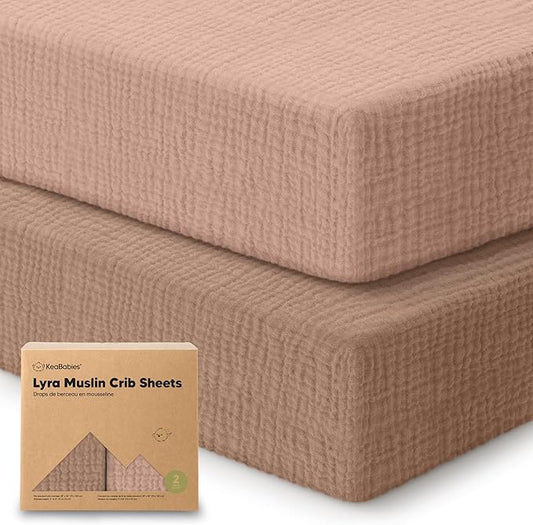 KeaBabies 2-Pack Muslin Crib Sheets for Boys, Girls - 100% Organic Cotton Fitted Baby Crib Mattress Sheet, Soft Breathable Standard Toddler Bed Cover Bedding Set, Neutral, Durable 52x28 (Russet)