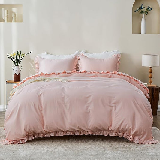 Simple&Opulence Kids 100% Organic Cotton Full Duvet Cover Ruffle 3Pcs(1 Comforter Cover 2 Pillowcases) Cute Lace Vintage Boho Shabby Chic Farmhouse Bedding Set Teen Girls(Peach Pink,Full)