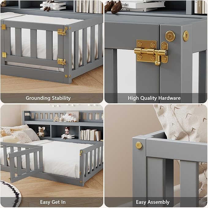 mikibama Twin Size Floor Bed with Side Bookcase and Shelves, Montessori Floor Bed with Guardrails for Bedroom, Wood Full Floor Bed Frame with Storage for Girls, Boys, Grey