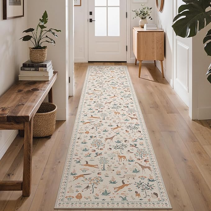 Runner Rug Non Slip 2'6''x 10', Floral Animal Print Rug Machine Washable Rug, Non Slip Low Pile Hallway Runner Carpet for Kitchen, Laundry, Bedroom, Bathroom, Beige