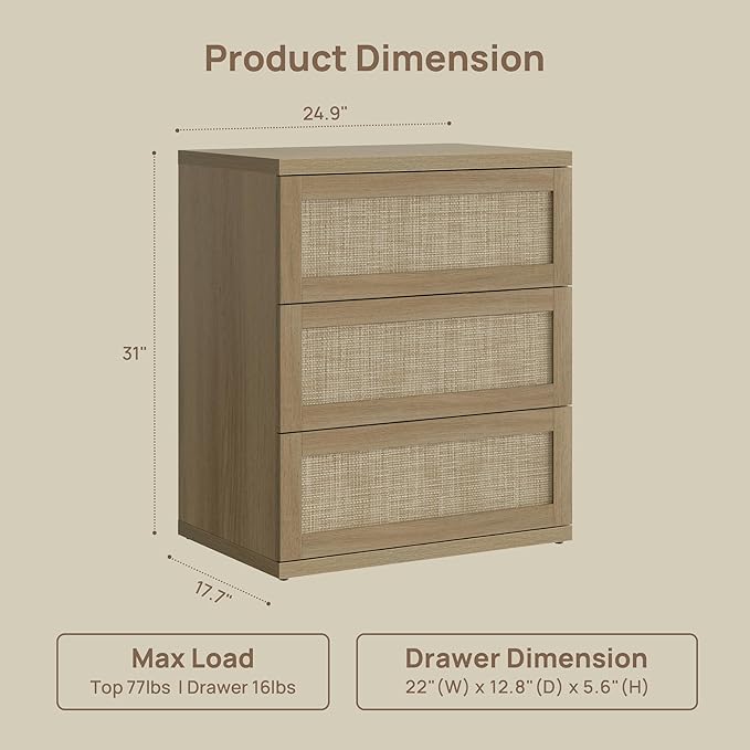 SICOTAS Dresser for Bedroom - Rattan Dresser with 3 Drawers Nursery Dressers & Chests of Drawers Boho Dressers for Bedroom Living Room Small Deep Clothes Closet Storage for Closet Hallway Entryway
