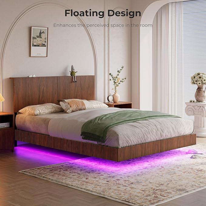 Evermagin Walnut Queen Floating Bed Frame with Headboard, Mid Century Modern Fluted Platform Bed with LED Lights, Heavy Duty Floating Bedframe with Charging Station, No Box Spring Needed