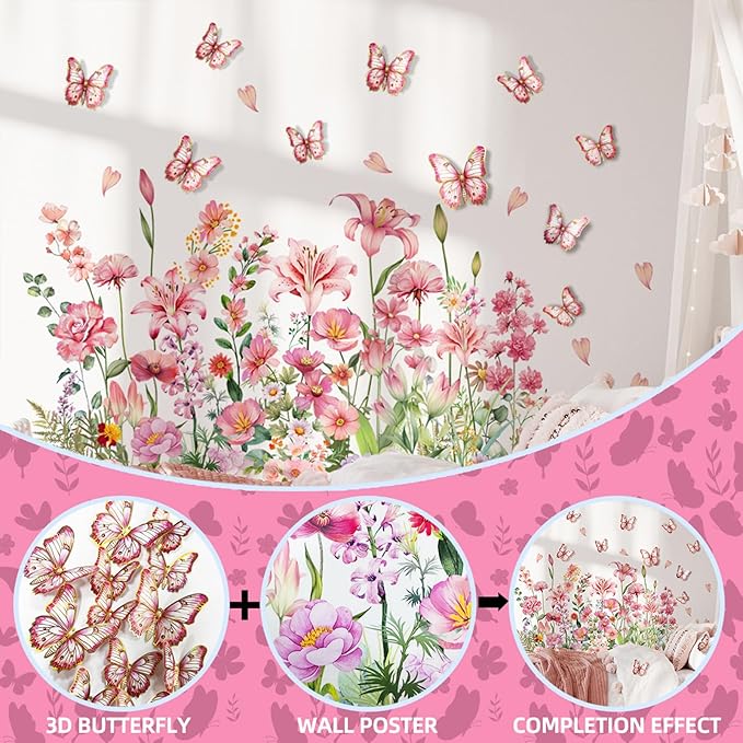Wildflower Flower Wall Stickers Daisy Lily Wall Decals Butterfly Pink Floral Wall Decor for Girls Bedroom Baby Nursery Kids Room Wall Decor