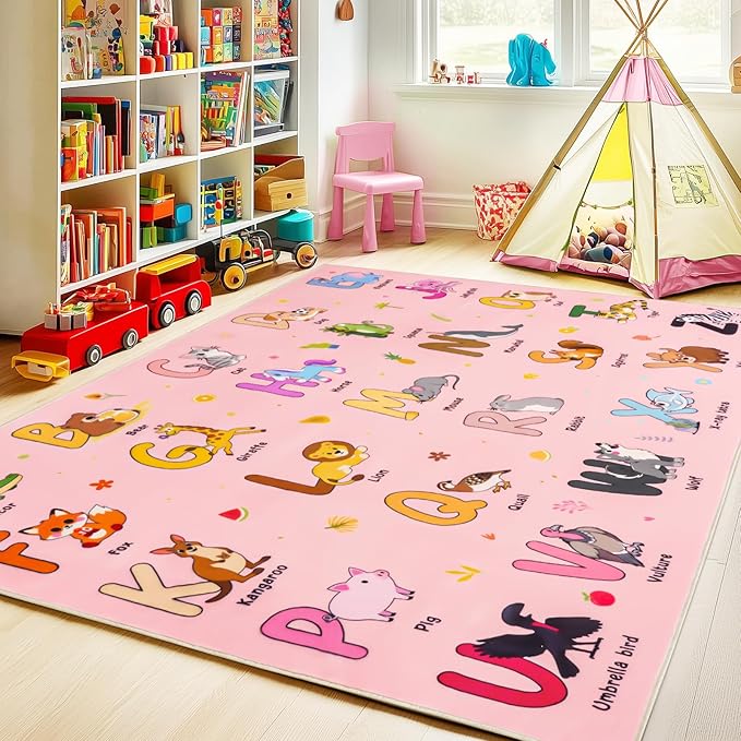 Kids Rugs for Playroom, 7x9 Feet Educational Rug for Learn The ABC Alphabet, Soft Machine Washable Non-Slip Cute Cartoon Animals Carpet for Classroom Toddler Nursery Kids Room Decor, Pink