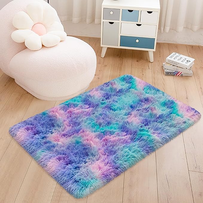 Shaggy Tie Dyed Light Purple Rainbow Rug Small,2x3 Area Rugs for Living Room Door Entryway Indoor Inside Front Entrance Dog Mat Anti-Skid Extra Comfy Fluffy Floor Carpet for Home Decorative