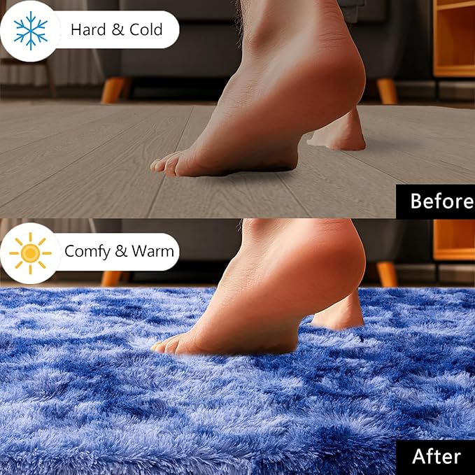 Living Room Rug 9x12, Soft Extra Large Tie Dye Blue Fluffy Shag Rug for Boys Bedroom, Non-Slip Modern Indoor Fuzzy Big Plush Rugs for Kids Room, Dorm, Home Decor