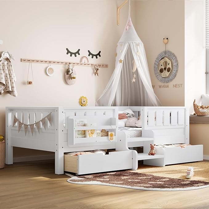 Bellemave Twin Bed with Slats and Stairs, Twin Size Platform Bed Frame with Fence, Bookshelf and Storage Drawers, Easy Assemble Beds for Kids, Girls, Boys, White