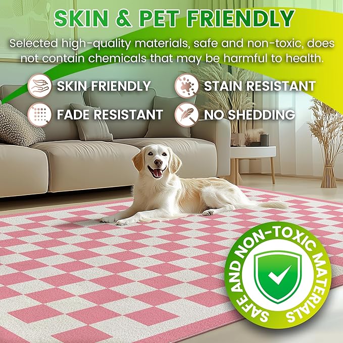 Washable 8x10 Checkered Area Rug for Living Room, Pink Checkerboard Modern Boho Large Rugs, Ultra Thin Low Pile Lightweight Soft Indoor Carpet with Non-Slip Backing for Bedroom Kids Nursery Play Room