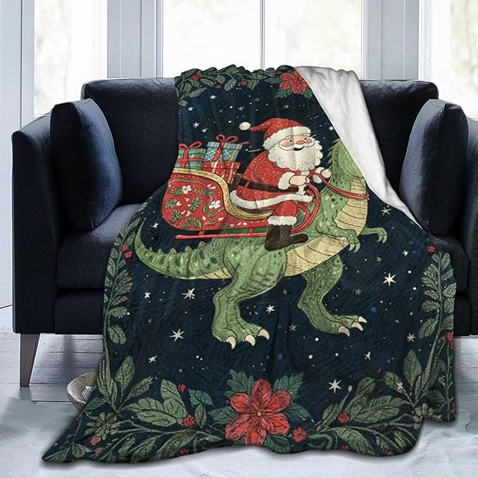 Dinosaur Blanket Christmas Santa Claus Dinosaur Throw Blanket Soft Cozy Fleece Fuzzy Plush Warm Stuff Bedding Nursery Toddler Baby Blankets Gifts for Boys Girls Kids Adult Men Women 50"X60"