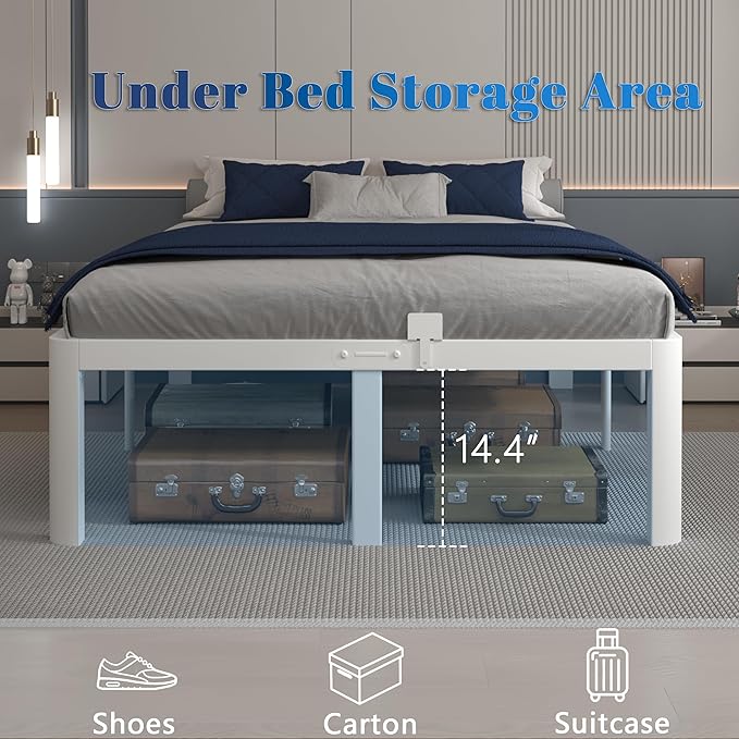 16 Inch White King Size Bed Frame, Metal King Bed Frame with Baffles, No Box Spring Needed, Heavy Duty Steel Platform Support, Round Corner Legs, Reserved Holes, Storage Space, Noiseless