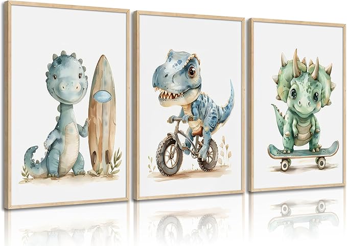 Funny Dinosaur Nursery Canvas Wall Art Surfing Skateboard Riding Dinosaur Painting Picture Wall Decor Sport Nursery dinosaur Print Artwork Poster Print Artwork for Boys Room Girls Room Home Decoration