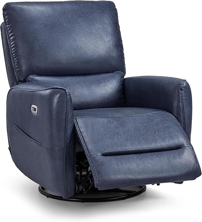 MCombo Power Swivel Rocker Recliner with Lumbar Support, Faux Leather Electric Nursery Glider Recliner Chair for Adults, 6922 (Navy Blue)