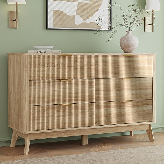 SUNWAVE 6 Drawer Dresser for Bedroom, 49.6" Wide Modern Fluted Dresser with Round Corner, Wood Chest of Drawers for Living Room