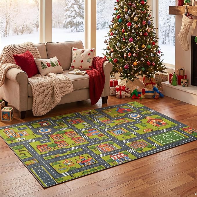 Merelax 4x6 Kids Car Area Rug, Grey Green Area Road Rugs for Living Room Playroom Classroom Bedroom, Non Slip Kids Play mat, Washable Rug, Educational City Traffic Map Fun Car Carpet for Ages 3-12
