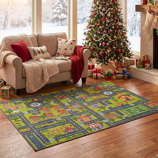 Merelax 4x6 Kids Car Area Rug, Grey Green Area Road Rugs for Living Room Playroom Classroom Bedroom, Non Slip Kids Play mat, Washable Rug, Educational City Traffic Map Fun Car Carpet for Ages 3-12