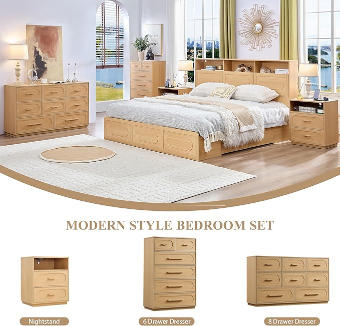 Nightstand Set of 2 with Charging Station, End Table with 2 Drawers Storage, Space-Saving Wood Storage Cabinet with Unique Base Design, Bedside Table for Bedroom, Living Room