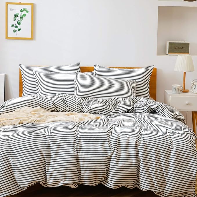 JELLYMONI 100% Natural Cotton 2pcs Striped Duvet Cover Sets,White Duvet Cover with Dark Grey Stripes Pattern Printed Comforter Cover,with Zipper Closure & Corner Ties(Twin Size)