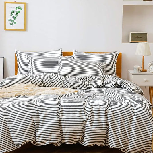 JELLYMONI 100% Natural Cotton 2pcs Striped Duvet Cover Sets,White Duvet Cover with Dark Grey Stripes Pattern Printed Comforter Cover,with Zipper Closure & Corner Ties(Twin Size)