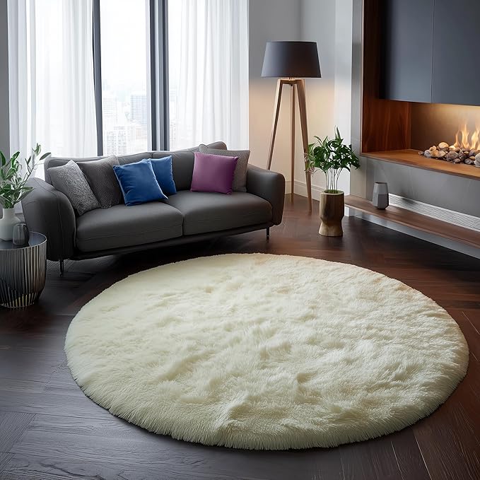 Amdrebio Ivory White Round Rug 4Ft for Kids Bedroom Aesthetic, Washable Fluffy Fuzzy Circle Area Rugs for Living Room, Circular Plush Soft Shaggy Cream Carpet for Baby Nursery Dorm Teen Girls Boys