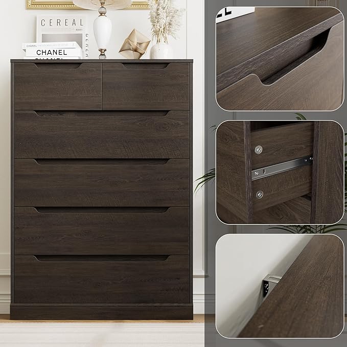 HOSTACK Modern 6 Drawer Dresser for Bedroom, Tall Chest of Drawers with Storage, Large Wood Storage Chest Organizer with Cut-Out Handle, Accent Storage Cabinet for Living Room, Hallway, Dark Brown