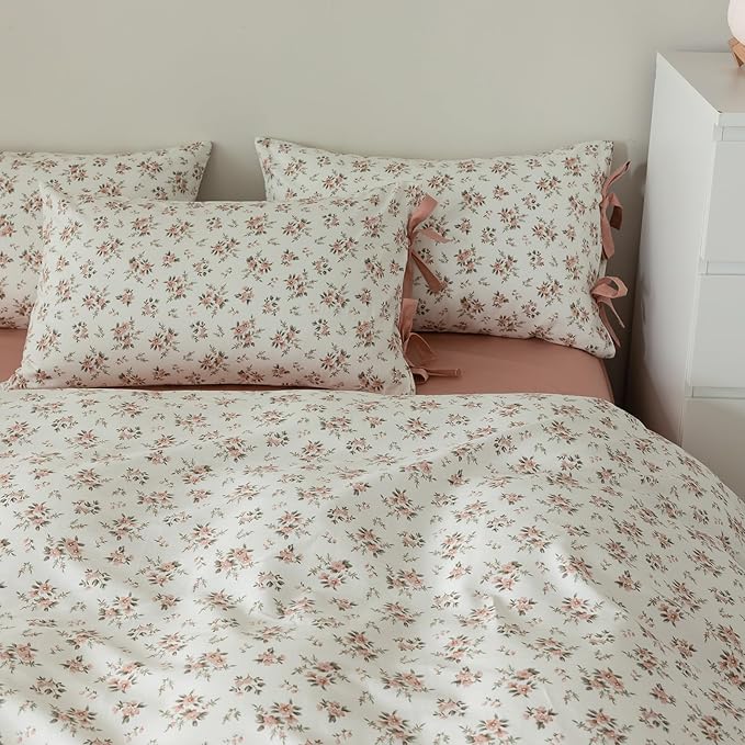Floral Duvet Cover Twin Pink Floral 3 Piece Twin Girl Cottagecore Bedding Set with 2 Bow Tie Pillowcases,Room Decor Vintage Flowers Comforter Cover Princess for Teens Dorm