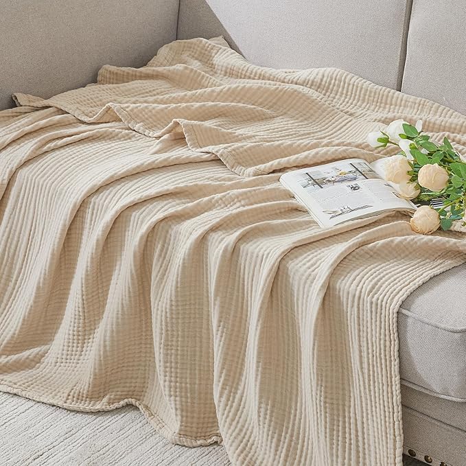 EMME Cotton Muslin Queen Blanket Bed Layering Bedspread Coverlet Breathable Gauze Soft Lightweight Blankets (Beige, 90"x90")