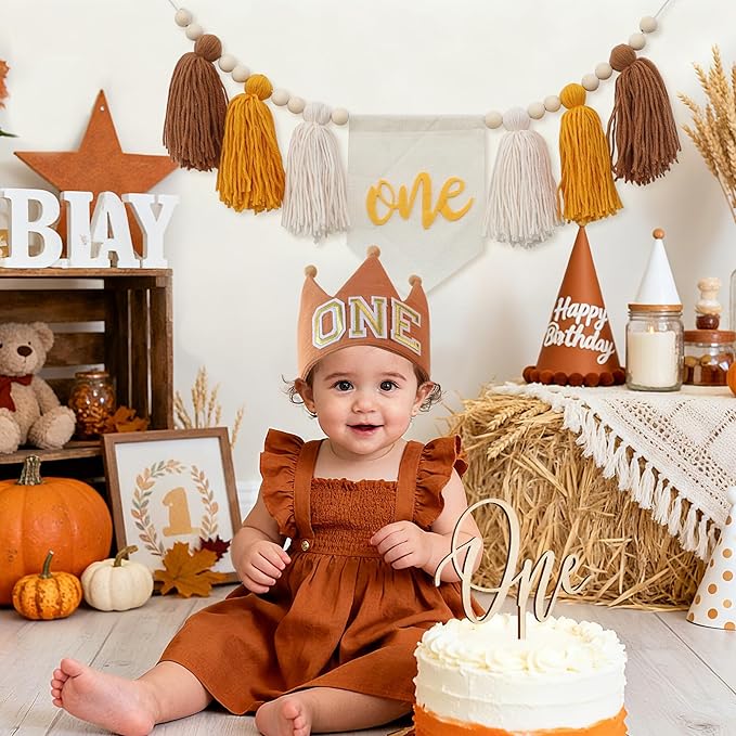 1st Birthday Highchair Banner Neutral Decorations With ONE Crown Hat Cake Topper For Photo Backdrop