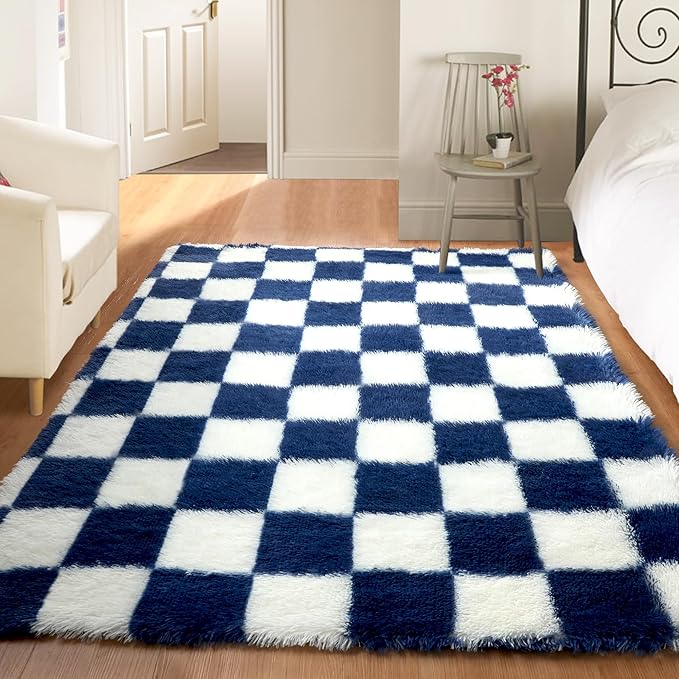 KICMOR Soft Fluffy Navy Blue and Cream White Area Rug for Bedroom, 3x5 Fuzzy Shag Shaggy Checkered Rugs Small Carpet for Living Room, Indoor Plush Checkerboard Rug for Kids Boys Home Décor Aesthetic