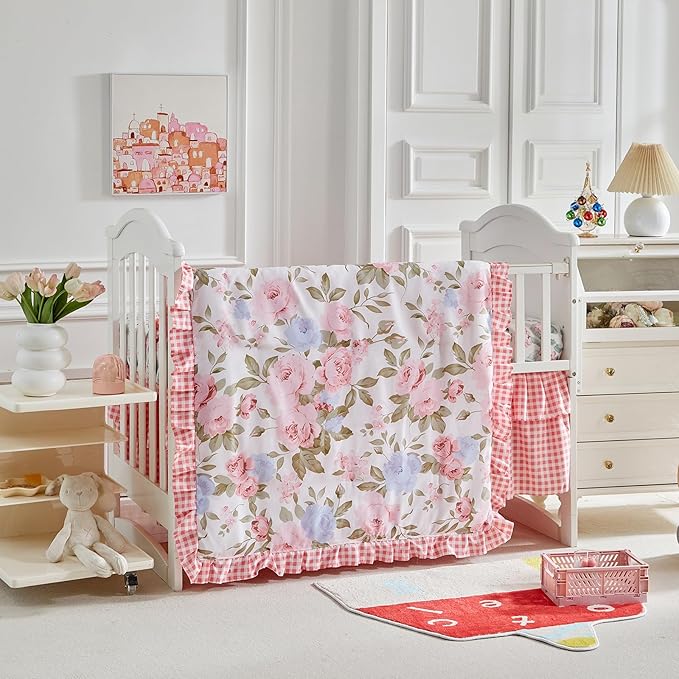 3 Pieces Pink Blue Rose Flowers Mini Crib Bedding Set Baby Ruffled Quilted Comforter with Fitted Sheet and Bed Skirt - Cute Ruffled Shabby Chic Baby Girls Bedding Soft Blanket Floral Design